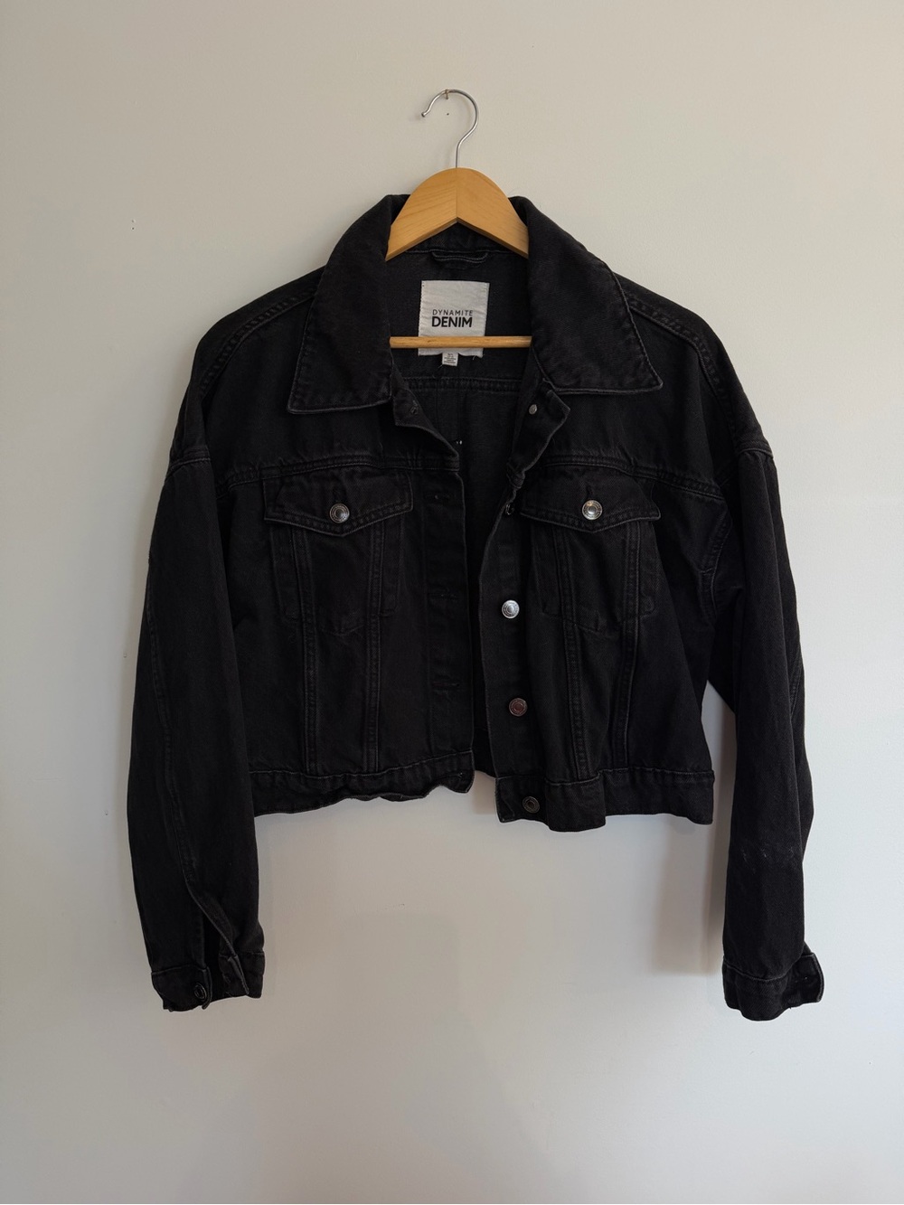 Dynamite Denim Black Cropped Jacket | Oversized Cropped Jean Jacket | Size Large